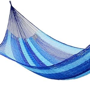 NOVICA Multicolor Sky Blue Striped Hand Woven Nylon Mayan 1 Person Rope Hammock, Blue Caribbean' (Single)