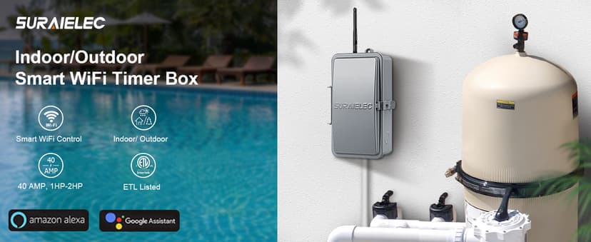 Suraielec Pool Timer, WiFi Smart Pool Pump Timer, 120, 240, 277 VAC, 40 AMP, Outdoor Heavy Duty Metal Casing Pool Control, Wireless Electric Switch Box for Pumps, Water Heater, Spa, Light