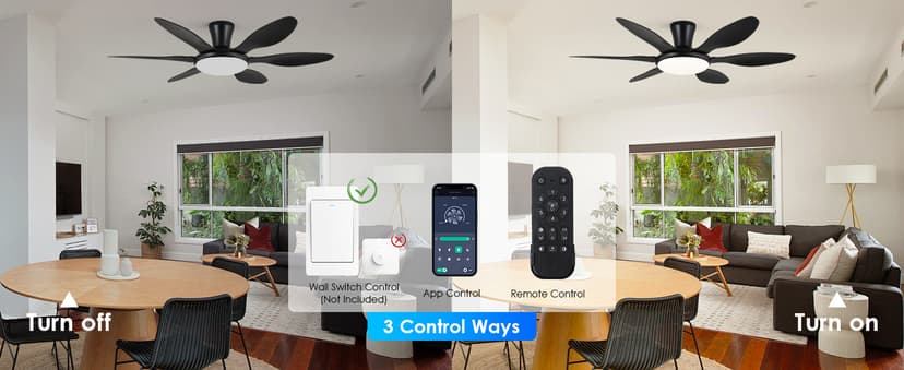 Ceiling Fans with Lights, 51 inch Modern Black Low Profile Ceiling Fan with Light and Remote App Control, Flush Mount, Quiet DC Reversible, Dim Led Ceiling Fan 6 Blade Softer Wind Indoor/Outdoor Patio