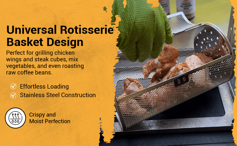 Family Bundle Rotisserie Kit - Non-Electric Wind-Up Spit Roaster with Rotisserie Basket, Flat Cage, Skewer Set, and Cooking Mat for Grills, Ovens, and Smokers - Indoor & Outdoor BBQ Use