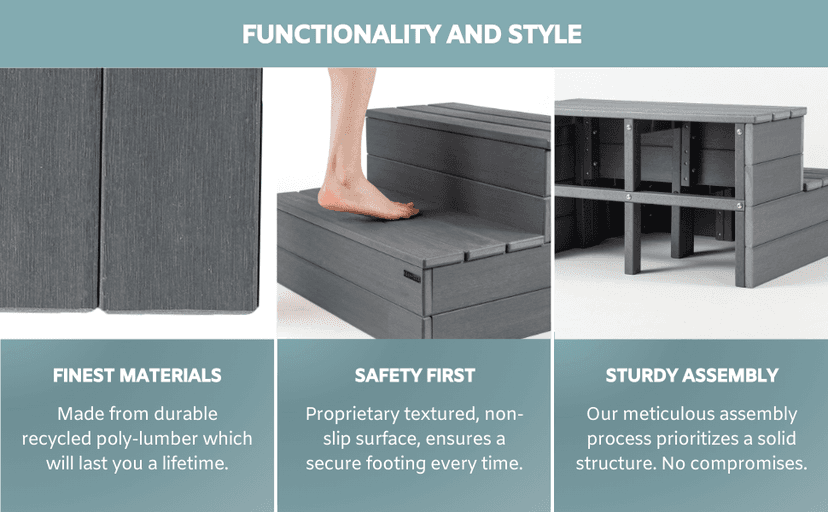 Hot Tub Steps - Wood-Looking Plastic, 100% Waterproof, Gray Non-Slip, Heavy Duty Outdoor Spa Stairs - Multi-Use for Porch, Fits Any Size