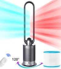 Bladeless Heater and Fan Combo, 1400 Watt Heater Fan and 40 Watt Cold Fan, 80° Oscillating Fan, All the Season Use, Remote and Touch Control, Floor Tower fan, Office Room, Bedroom, Blue White