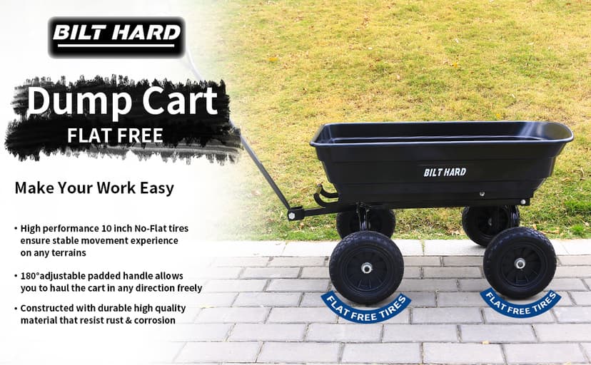 BILT HARD 4 Cu.Ft. 10" No-Flat Tires Poly Yard Dump Cart with 180° Rotating Handle, 600 lbs Capacity Heavy Duty Garden Carts and Wagons