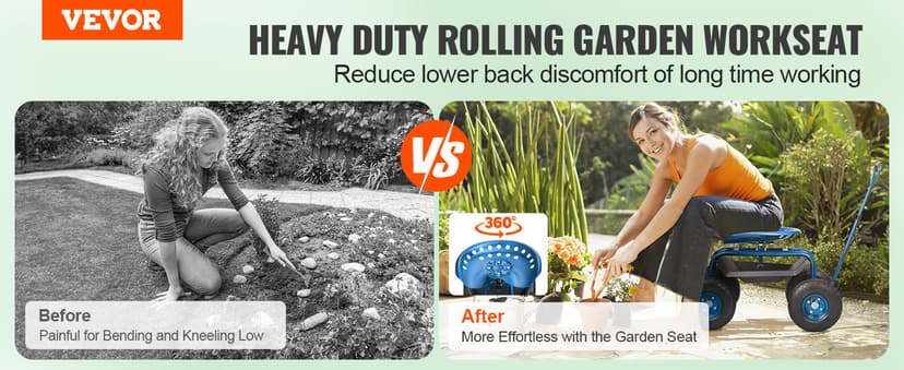 VEVOR Rolling Garden Work Seat with Wheels, Gardening Stool for Planting, 360 Degree Swivel Seat, Garden Scooter with Steering Handle & Tool Tray, Garden Chair for Outdoor, Patio and Yard, Blue
