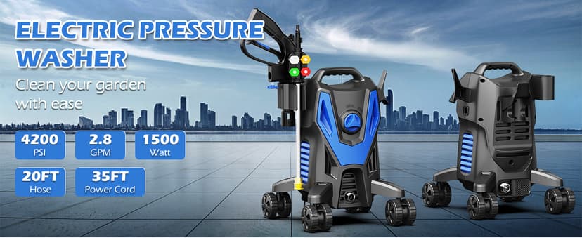 Electric Pressure Washer, 4200PSI 2.8GPM, Foam Cannon, 4 Nozzle Tips, 20 FT Hose, 35FT Power Cord, Strong Power Washer with Anti-Tipping Technology for Cars, Garden, Fences, Patios, Driveways