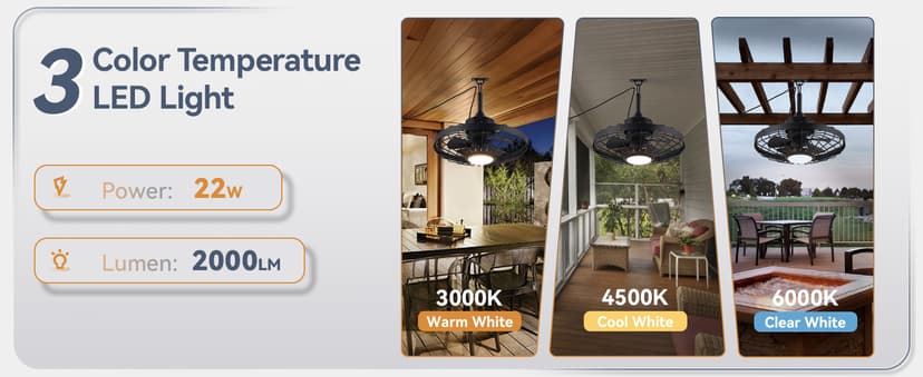 LEDIARY 20" Outdoor Ceiling Fans with Lights and Remote Control, Waterproof Caged Ceiling Fan with 3 Color LED Light,Portable Hanging Gazebo Fan with Plug in Cord Hook for Patios,Black