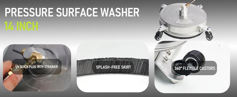 Hourleey 14" Pressure Washer Surface Cleaner, Stainless Steel Surface Cleaner with 4 Wheels for Concrete, Patio, Sidewalk, Deck, Pathway 1/4" Quick Connector, 2 Extension Wand, 4000 PSI