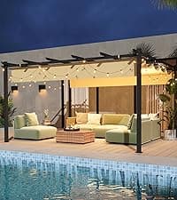 Aoxun 10'x10' Outdoor Pergola, Retractable Adjustable Roof, Aluminum Sun Shade Canopy, Modern Metal Patio Brown Shade Cover for Garden, Backyard and Deck