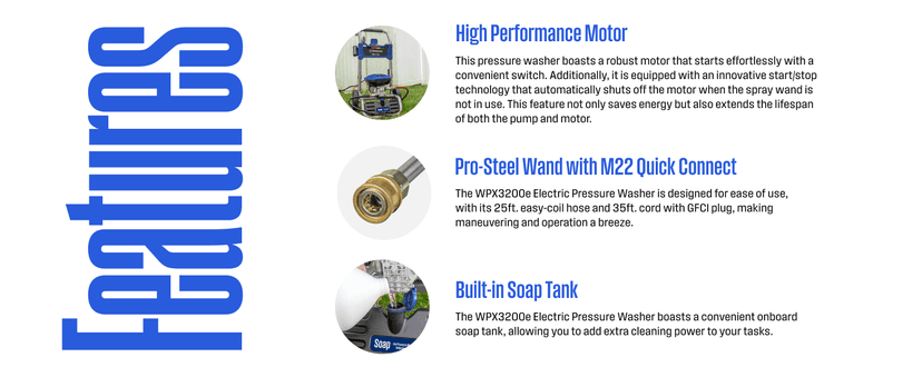 Westinghouse WPX3200e Electric Pressure Washer, 3200 PSI and 1.76 Max GPM, Induction Motor, Onboard Soap Tank, Spray Gun and Wand, 5 Nozzle Set, for Cars/Fences/Driveways/Homes/Patios/Furniture, Blue
