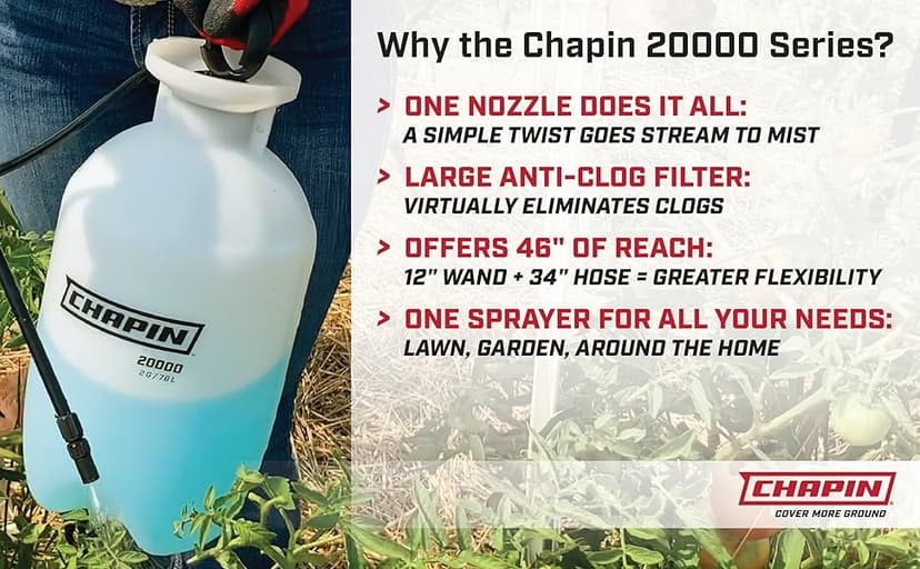Chapin 20000 Made in USA 1 -Gallon Lawn and Garden Pump Pressured Sprayer, for Spraying Plants, Garden Watering, Weeds and Pests, Polypropylene, Translucent White
