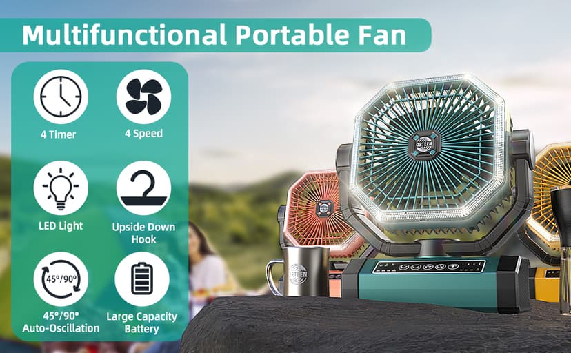 Portable Rechargeable Fan - 9-Inch Camping Fan for Tent, 20000mAh(60Hrs) Battery Operated Fan for Camping, Auto Oscillation Cordless Fan, Tent Fan with Remote/Light, 4 Speeds, 4 Timing, Outdoor