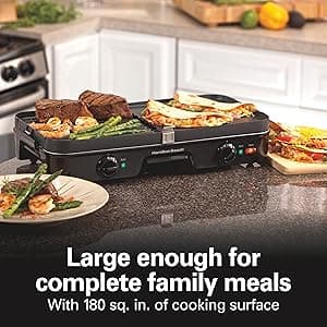 Hamilton Beach 3-in-1 Electric Indoor Grill + Griddle, 8-Serving, Reversible Nonstick Plates, 2 Cooking Zones with Adjustable Temperature (38546), Black
