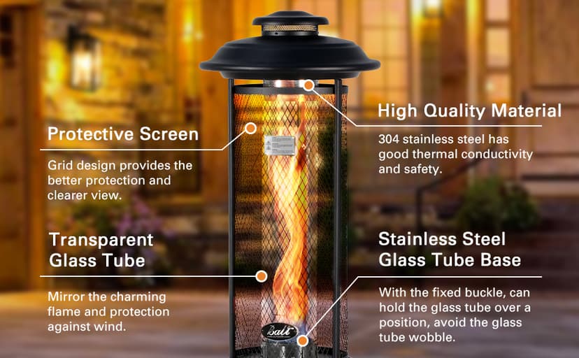 BALI OUTDOORS Gas Patio Heater - Floor-Standing Outdoor Commercial Heater, Round Dancing Flame, Wheels, Glass Tube, Suitable For Balcony, Veranda, BBQ Party