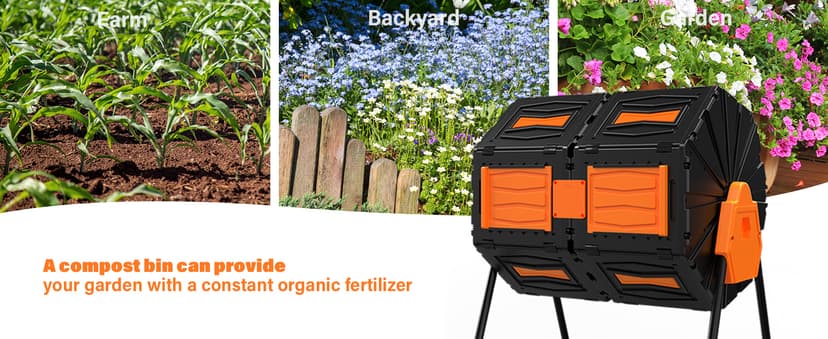 Compost Tumbler, Easy Assemble & Efficient Outdoor Compost Bin, 45 Gallon/170 Liter Large Dual Chamber Rotating Composter for Garden, Kitchen, and Yard Waste, Orange Door