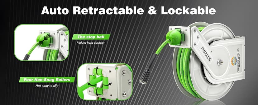 PWACCS Retractable Pressure Washer Hose Reel, 1/4" x 60ft Heavy Duty Power Washer Hose Reel, High Pressure Reel Auto Rewind, Wall/Floor Mounted, 3600 PSI