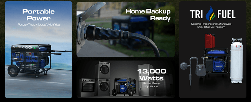 DuroMax XP13000HXT 13,000-Watt 500cc Tri Fuel Gas Propane Natural Gas Portable Generator with CO Alert, Black/Blue