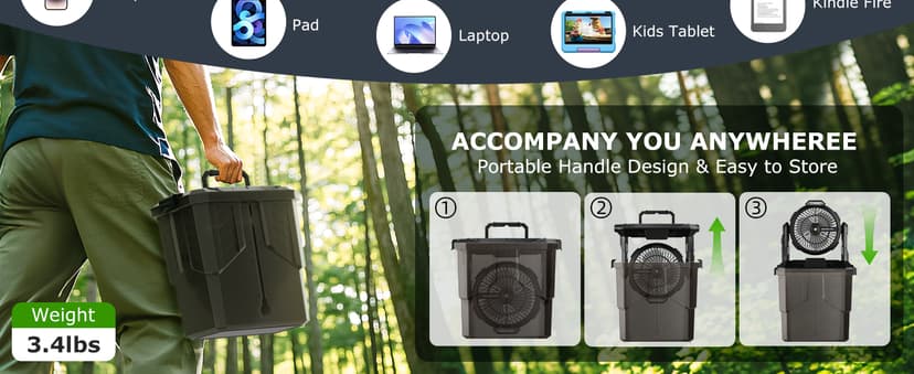 Misting Fan, 6L Bucket Portable Misting Fans with Remote, 20000mAh Rechargeable Battery Portable Fan for Outdoors Patios, Camping Fans 270° Adjustable, Hanging & Lighting for Outdoor Cooling