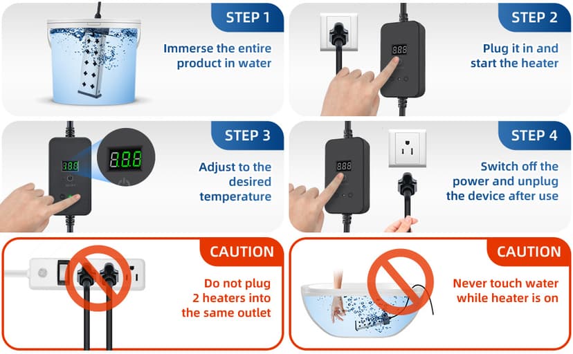 Immersion Water Heater, Portable Bathtub Heater with Thermostat, Bucket Heater with Real-Time Temperature Display and Control, Dry Burn Protection for Bucket, Basin, Bathtub 1800W (120V 15A)