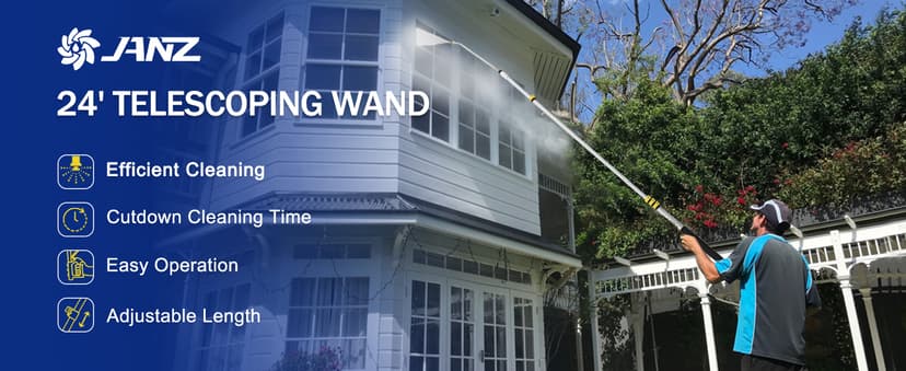 JANZ 24 FT Pressure Washer Telescoping Wand with Power Washer Extension Wands, Brush Head, Gutter Cleaner, 7 Spray Nozzle Tips, 2 Hose Adapters and Support Belt TW-004