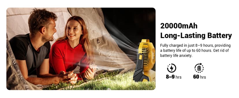 KopBeau Portable Camping Fan with Lights, 20000mAh Rechargeable Battery Operated Fan, Battery Powered Outdoor Beach Tent with 3 Speeds & Hook, Personal USB Table for Camping Accessories