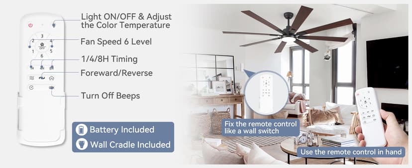 72 inch Large Ceiling Fans with Lights and Remote, Indoor/Outdoor Black Modern Ceiling Fan for Kitchen Living Room Patio, 6 Speed Reversible Quiet DC Motor, 3 CCT, Dual Finish 8 Blades