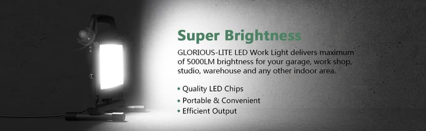 GLORIOUS-LITE 50W LED Work Light, 5000LM LED Flood Lights, 400W Equivalent, IP66 Waterproof, 16ft 5m Cord with Plug, 6500K, Adjustable Working Lights for Workshop Garage, Construction Site