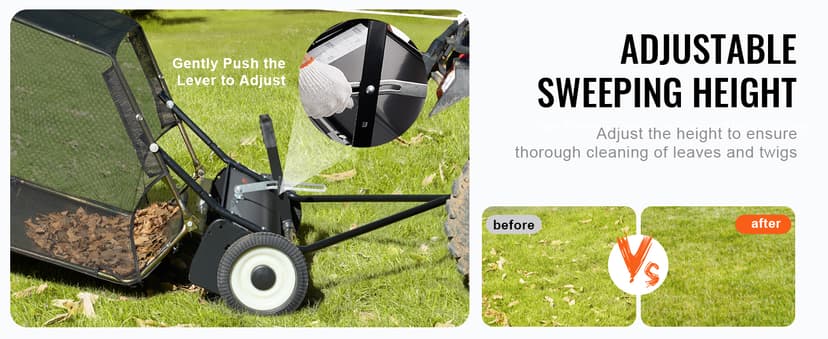 VEVOR 52 Inch Lawn Sweeper Tow Behind, 26 cu.ft. Large Pull Behind Grass Sweeper, Heavy Duty Leaf & Grass Collector with Dumping Rope Design, Adjustable Sweeping Height for Picking Up Debris & Grass