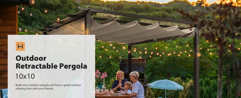 HAPPATIO 10' X 10' Pergola Retractable Canopy for Backyards, Gardens, Patios, Outdoor Pergola with Sun Shade Canopy, Includes Ground Studs and Expansion Screws (Grey)