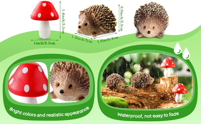 Queekay Resin Hedgehogs & Wood Mushroom Sculpture, Fairy Wild Garden Supplies, 6 Pieces, Red, Handmade Decor