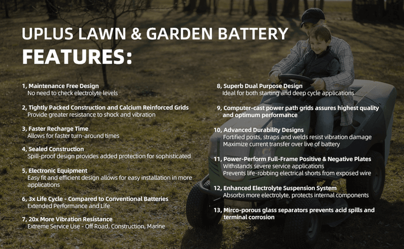 UPLUS U1 Riding Lawn Mower Battery, 12V 360CCA Garden Tractors Battery Maintenance Free AGM Batteries, Fit for John Deere, Cub Cadet, Husqvarna, Craftsman, Toro, Ariens, Poulan Pro and Troy-Bilt