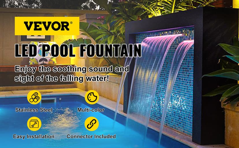 VEVOR Pool Fountain Stainless Steel, Pool Waterfall 23.6" x 4.5" x 3.1"(W x D x H) with LED Strip Light, Waterfall Spillway Rectangular Garden Outdoor