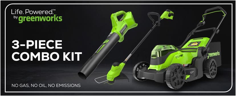 Greenworks 48V (2x24V) 17" Brushless Mower+12" String Trimmer +320CFM Blower,(2) 4.0Ah Batteries and 2A Dual Port Charger