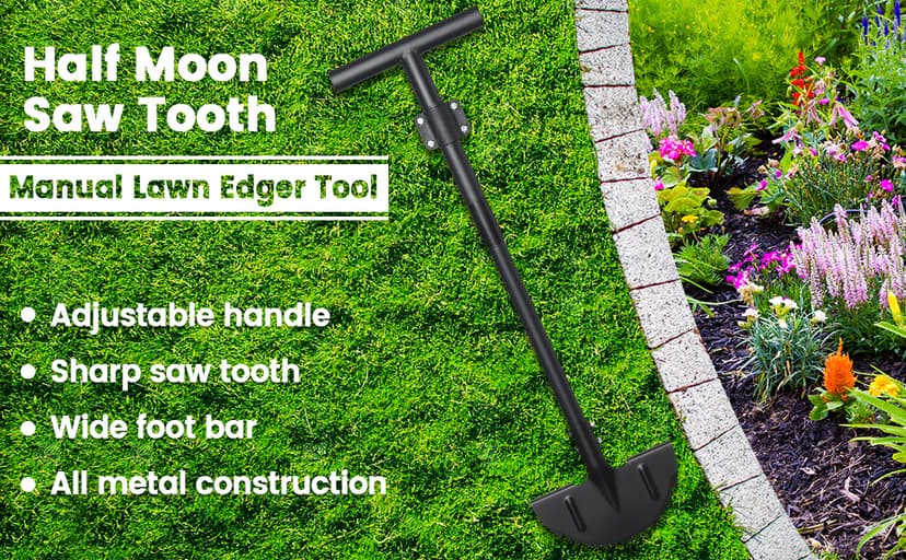 Edger Lawn Tool, Sharp Saw-Tooth Half Moon Hand Lawn Edging Tool for Landscaping, Adjustable 49" Long Handle Manual Edgers with T-Grip for Sidewalk Yard Garden Flower Bed Border Cable Burying
