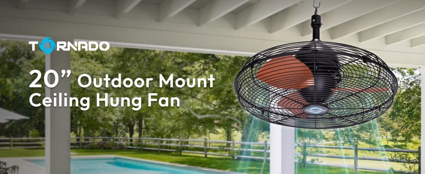 Tornado 20-Inch Outdoor Downrod Mount Ceiling Fan – IPX4 Water-Resistant, Remote Control Included, 3 Speed Settings, 3300 CFM, 10-Foot Cord, UL Safety Listed