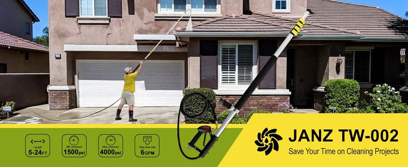 janz 24 FT, Aluminum Telescoping Pressure Washer Wand with 2 Pressure Washer Extension Wands,Gutter Cleaner Attachment, 7 Spray Nozzle Tips, 2 Hose Inlet Adapters, Pivoting Coupler and Support Harness