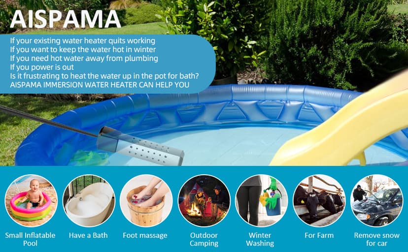 Immersion Water Heater,Pool Heater for Inflatable Pool, Portable Hot Tub Heater with Stainless Steel Protection Guard and LCD Digital Thermometer,Heat Water Fast in Small Pool,Bucket and Bathtub.