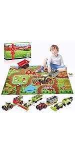 Oriate Kids Farm Toys Realistic Tractor Vehicle Playset, Diecast Car Set Educational Mini Farm Animals with Flatbed Trailer, Birthday Gift for Children 3 Year Old