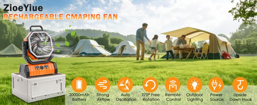 Camping Fan Rechargeable, 20000mAh Large Battery Powered Fan, 4Speed Rechargeable Fan Portable with Remote, Battery Operated Fans with LED Light and Hanging Hook, Cordless Fans for Tent Picnic Outdoor