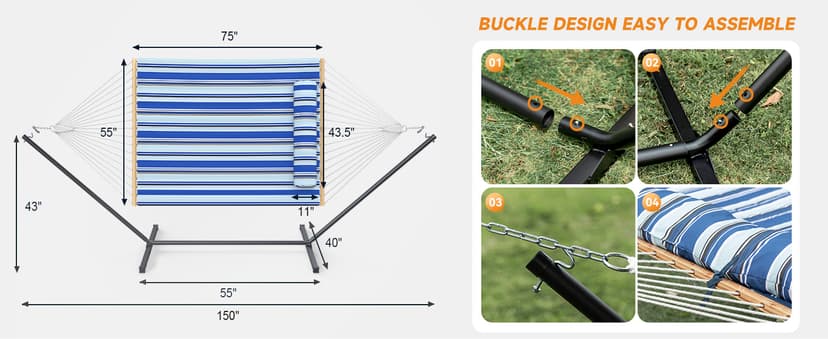 Double Hammock with Stand, 2 Person Cotton Rope Hammock with Removable Polyester Pad, 500LBS Capacity, Portable & Adjustable Design, Includes Storage Bag, Indoor Outdoor Use,White-Gray