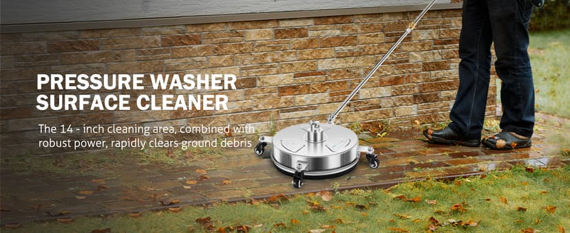 14" Pressure Washer Surface Cleaner with 4 Wheels - Stainless Steel Surface Cleaner for Pressure Washer Attachment for Concrete, Patio, Sidewalk, Deck and Driveways - PWS14