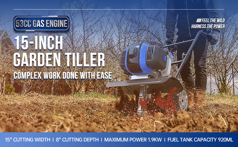 Garden Tiller 53cc Mini Cultivator 15 inch Powerful Liftable Booster Rod Tilling Tool for Lawn, Garden and Field Soil Cultivation