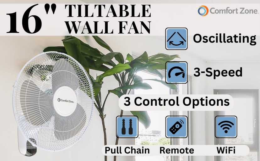 Comfort Zone 16" Quiet 3-Speed Wall Mount Fan with Remote Control, Timer and Adjustable Tilt, Ideal for Home, Bedroom, Gym & Office, CZ16WR