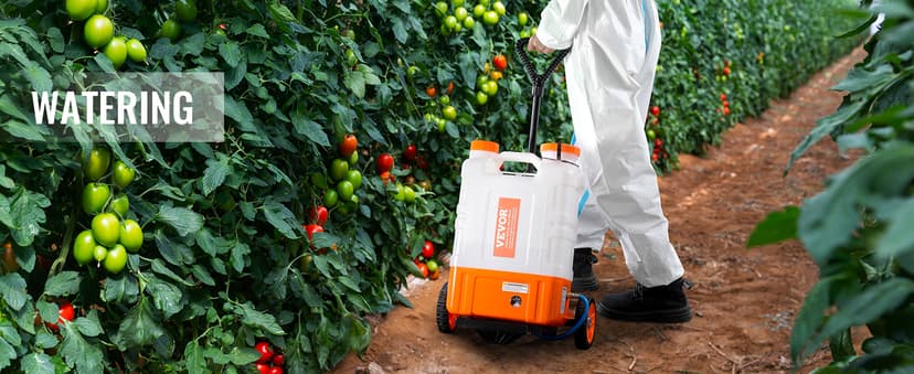 VEVOR 4 Gallon Battery Powered Backpack Sprayer with Wheeled Cart, Adjustable 0-94 PSI, 13FT Hose, 6 Nozzles, 2 Wands Included, Wide Mouth Lid for Weeding, Cleaning, Long Spray Time, White+Orange