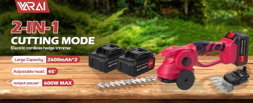 Hedge Trimmer Cordless, 2 in 1 Cordless Hedge Trimmer with 2600mAh Battery*2, High Power and Large Capacity Hedge Shears for Gardens, Patios and Lawns Charger Included