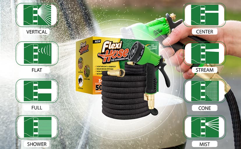 Flexi Hose with 8 Function Nozzle, 50FT - Lightweight Expandable Garden Hose, No-Kink Flexibility, 3/4 Inch Solid Brass Fittings and Double Latex Core