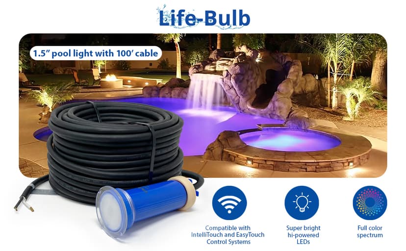 1.5 Inch Pool Light for Inground Pool with 100 Foot Cord - Swimming Pool Light Fixture, Replacement Pool LED Lights - Direct Replacement for Pentair GloBrite - Lifetime Replacement Program