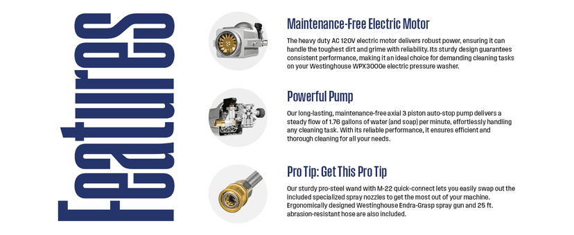 Westinghouse WPX3000e Electric Pressure Washer, 3000 Max PSI and 1.76 Max GPM, Induction Motor, Onboard Soap Tank, Spray Gun and Wand, 5 Nozzle Set, for Cars/Fences/Driveways/Homes/Patios/Furniture
