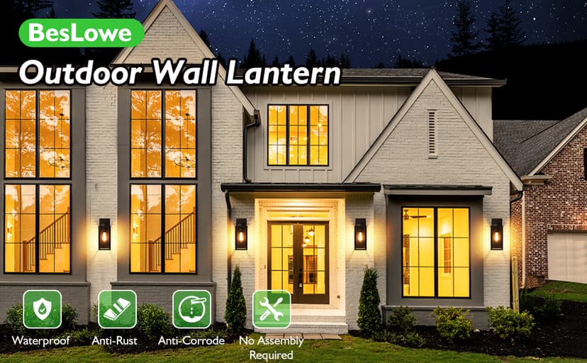 BesLowe Outdoor Wall Mount Light Fixture, Exterior Wall Lantern Waterproof, Black Outside Porch Sconce Lighting with Matte Black Finish & Glass Shade for House Garage Doorway Patio, E26 Socket