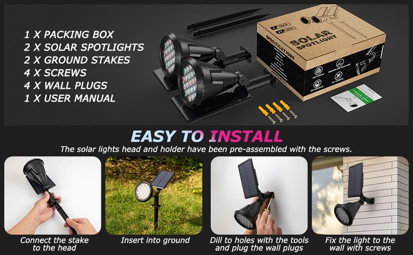 Solar Color Spot Lights Outdoor,21 LEDs Color Changing Solar Outdoor Lights,IP67 Waterproof RGB Multicolor Yard Solar Spotlights Auto On/Off for Pathway Garden Pool Patio Tree,2 Pack