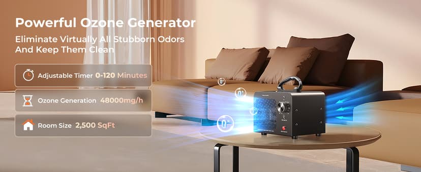 Ozone Generator 48,000mg, Commercial Ozone Machine Odor Removal, High Capacity O3 Ionizer Air Purifier Deodorizer, Portable Mini for Car, Home, Smoke, Pets, Industrial, for 4000 Square Feet -Black